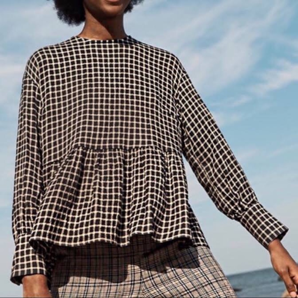 Madewell windowpane check button back peplum top.